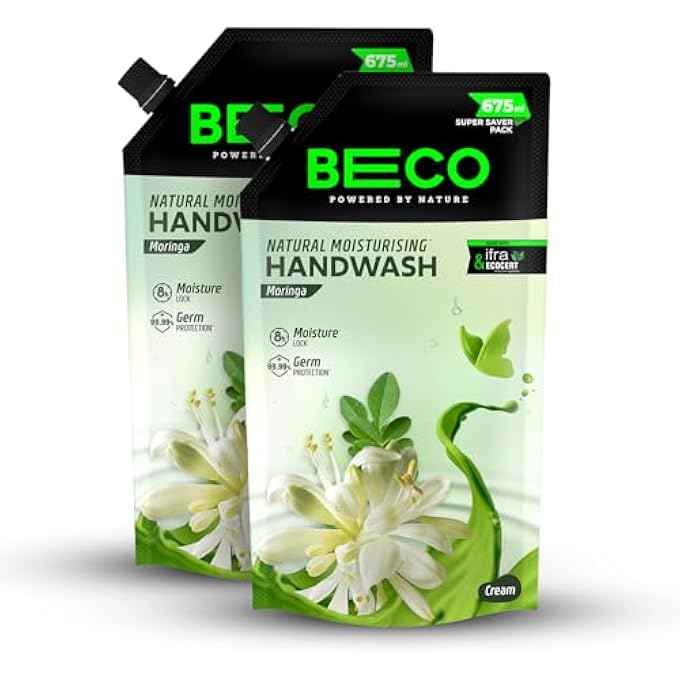 BECO غسول يد سائل مرطب - عطر المورينغا | عبوة من 2 | 675 مل | قفل رطوبة لمدة 8 ساعات | طبيعي، خالي من البارابين، خالي من المواد الكيميائية | يقضي على 99.99% من الجراثيم، آمن لجميع أنواع البشرة - Image 1